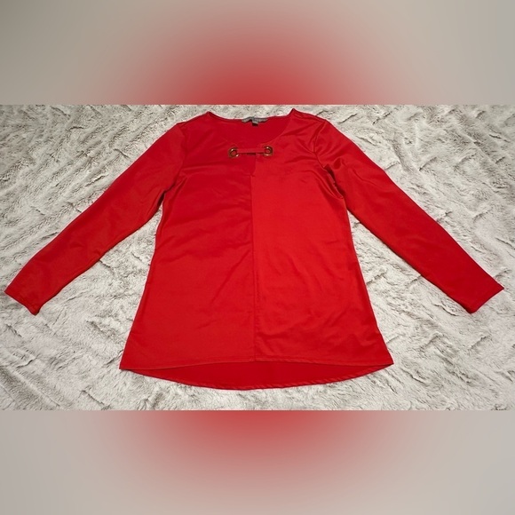 Valerie Stevens Tops - Valerie Stevens Red Top with Gold Tone Hardware V Neck Long Sleeve Blouse
